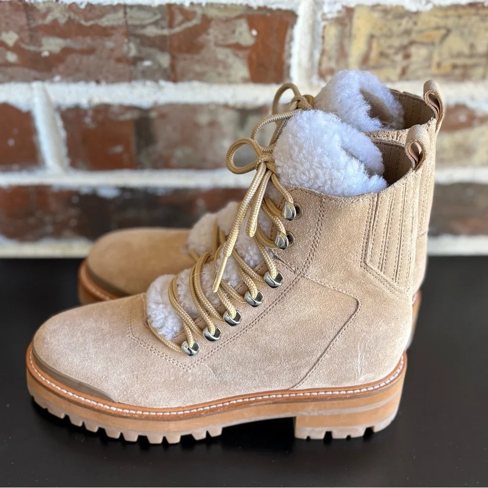 Marc Fisher Lizzie Creamy Tan Suede Lace Up Boots Lambs Wool Size 5.5